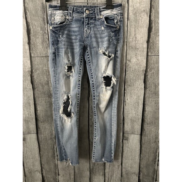 Miss Me Jeans Womens 26 Signature Crop Distressed Lace Embellished Denim Pants - Picture 1 of 6